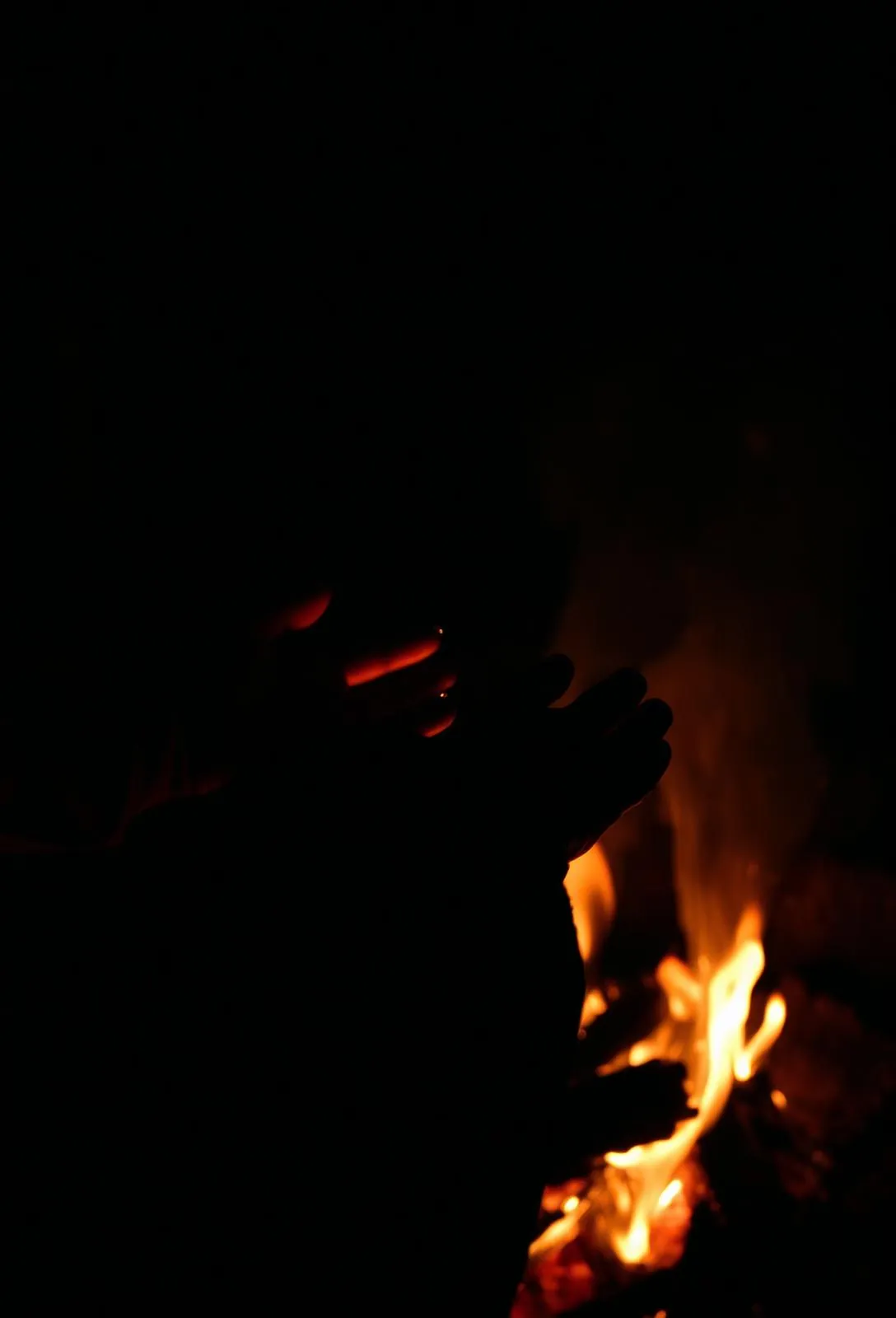 Hands warming over a low fire in the forest at night
