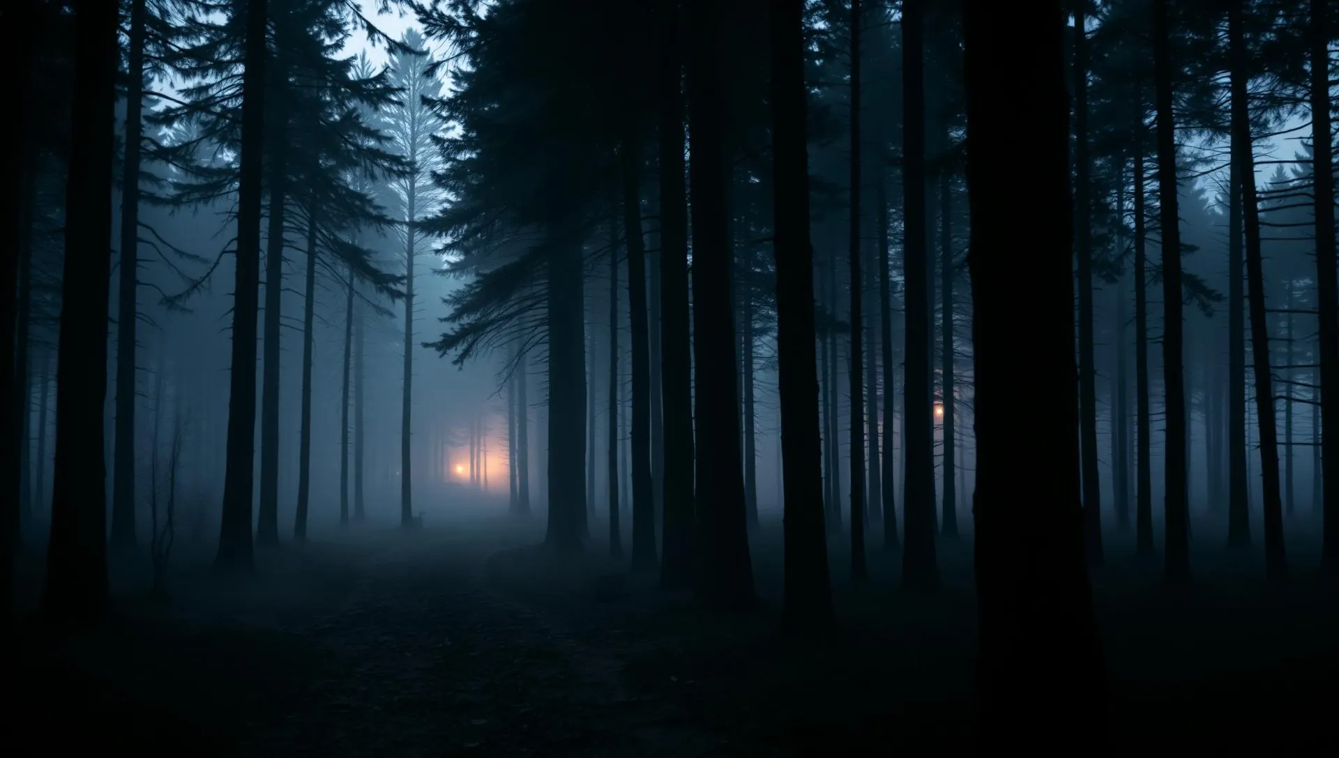 Misty German forest at dusk with distant firelight